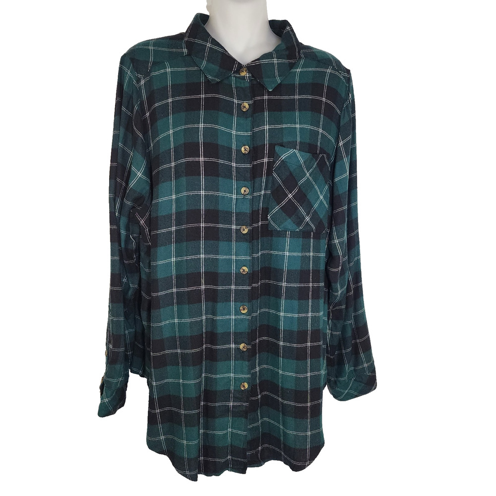 Torrid Womens Lizzie Long Sleeve Button Down Tunic Shirt Plaid Green Relaxed 1X